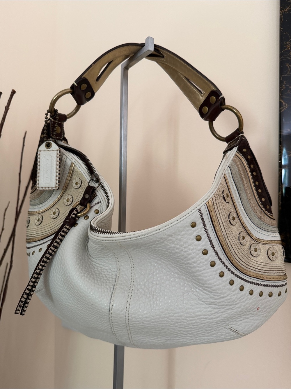Coach White Leather Hobo with Brown and Tan Accents